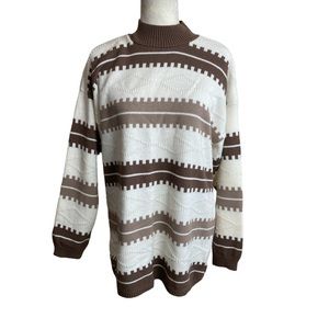 Vintage Southern Lady Brown & White Striped Mock Turtleneck Sweater Size Small